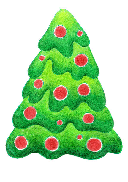 彩铅绘制的圣诞树插画。用平滑的波浪线绘制，背景为白色，饰有红色装饰品。图片下载