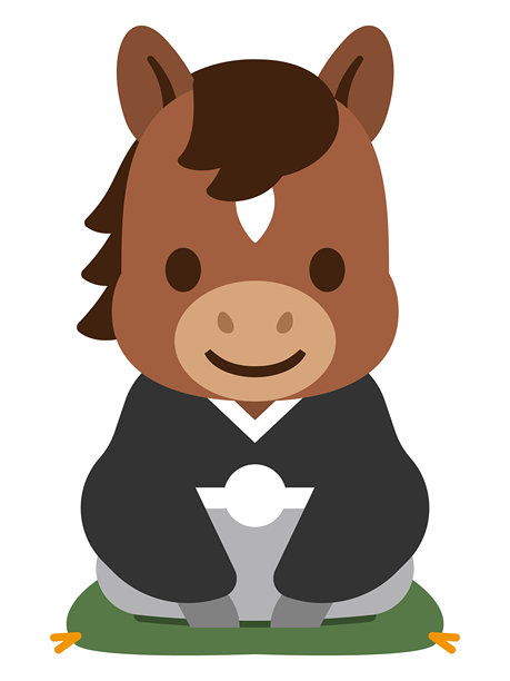 身着传统日式新年期间的和服（神官服）的坐着的马角色插画图片下载