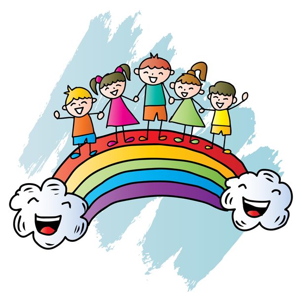 彩虹上带着太阳和云朵的快乐儿童插画。矢量插画。图片下载