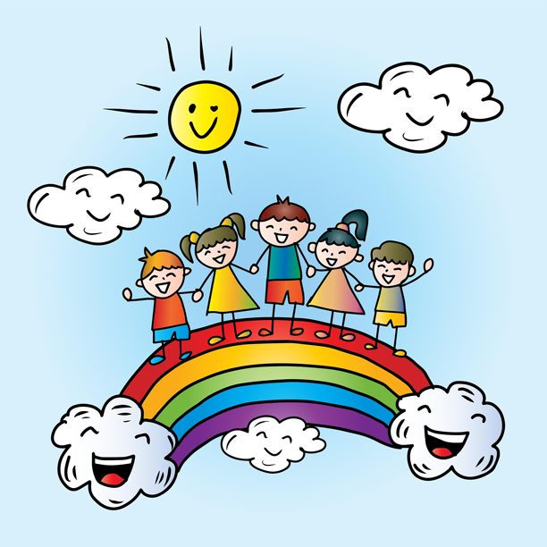 彩虹上带着太阳和云朵的快乐儿童插画。矢量插画。图片下载