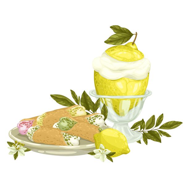 一张令人愉悦的手绘插画，描绘了意式柠檬冰淇淋、柠檬挞和卡诺里甜点。这款甜点选用了一个掏空的新鲜柠檬，填入了奶油般的柠檬冰淇淋，并用一小枝绿叶点缀，（看起来）像一个完整的柠檬，（里面）装满了柠檬冰淇淋，上面装饰着几片叶子。图片下载
