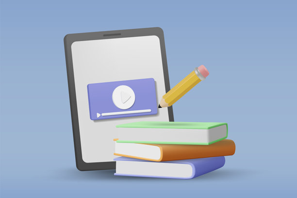 3D矢量插画渲染，展示了打开的平板电脑屏幕，上面显示着视频，旁边堆放着书籍和铅笔。概念是关于在线学习、混合式学习以及在学习中使用技术。图片下载