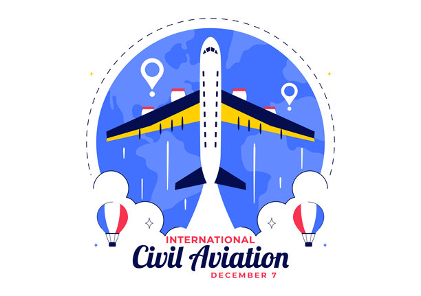 12月7日国际民航日插画，描绘了飞机和蓝天，以扁平化背景展示对航空业的赞美。图片下载