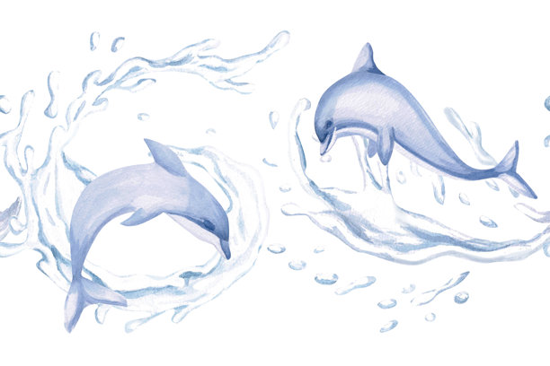 海豚在海浪中嬉戏的无缝边框。海中生物的独立水彩插画，适用于儿童室内设计、派对区域、游戏室和游泳池。图片下载