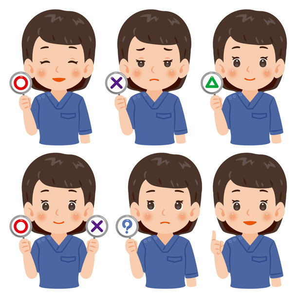 身穿蓝色工作服的女性，手持O和X等各种标志，上半身插画图片下载