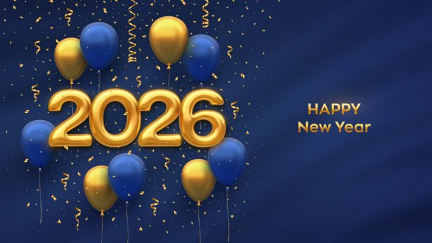 2026新年快乐。金色数字2026，配有3D节日氦气球和飘落的五彩纸屑，背景为蓝色。新年、圣诞贺卡、横幅模板。矢量插画。图片下载