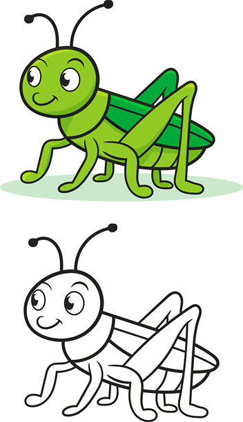 可爱蚱蜢卡通插画，适合儿童填色书和教育材料，带有笑脸。图片下载
