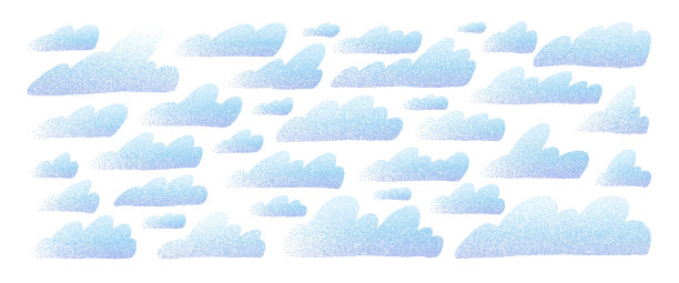 奶油渐变纹理云集。幼稚的蓝色阴影天空元素。颗粒感柔和纹理天气元素。圆点渐变涂鸦云。米色背景上的矢量集合插画。图片下载