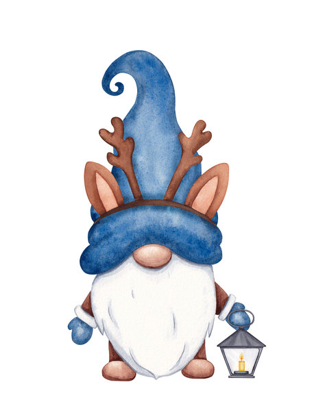 斯堪的纳维亚侏儒戴着鹿角帽子，手绘插画，白色背景，圣诞侏儒提着灯笼。图片下载