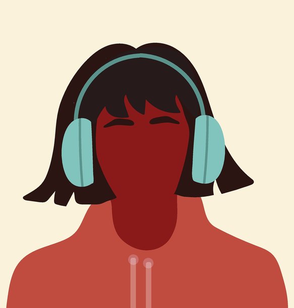 戴着耳机的女性头像，面无表情。手绘矢量插画。图片下载