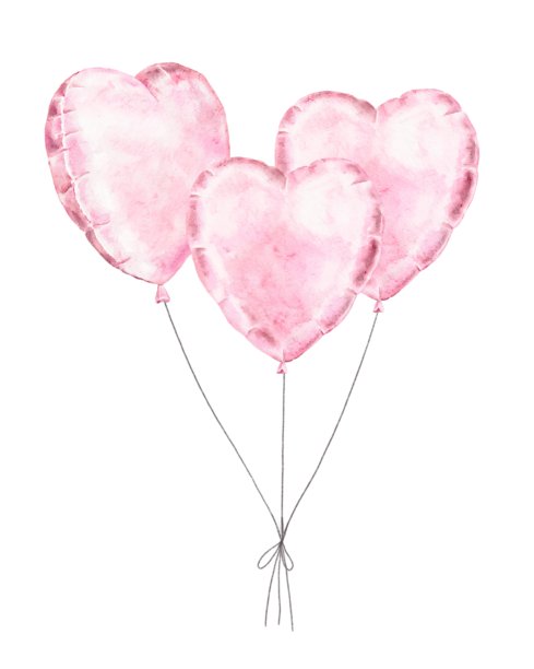 三颗粉色心形气球系在一起的水彩插画。浪漫情人节元素，适用于卡片、海报、邀请函和装饰项目。图片下载
