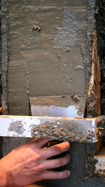 建筑工人在建筑工地上用抹子在模板中抹平湿混凝土。抹平以创造一个平面。专业的奠基手工。高质量的垂直照片图片下载