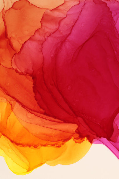 艺术烟雾酒精墨水，水彩手绘，流动云彩斑点。米色背景上的抽象黄色、橙色、红色、粉色污渍。图片下载