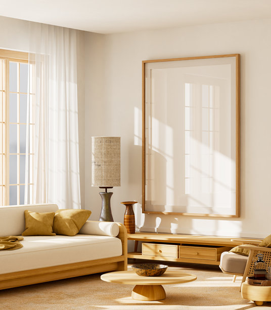 斯堪的纳维亚极简风格客厅室内，带有样机海报框和复古装饰。三维插画图片下载