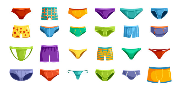 男士内裤。男式内裤、男士内裤、拳击手时尚裤、休闲内裤、短裤、泳装、内衣、男孩内衣、儿童泳裤、卡通套装、时尚矢量插画。图片下载