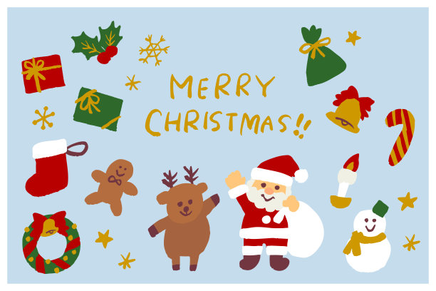 圣诞老人、驯鹿、雪人、礼物、花环和拐杖糖的手绘圣诞插画图片下载