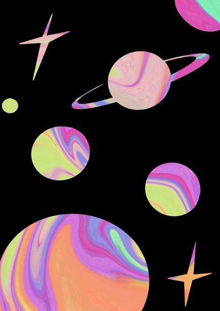 黑色夜空背景上的抽象拼贴画，有色彩缤纷的行星和星星。太空，星系，行星队列。手机屏幕的垂直背景。色彩缤纷的插画。图片下载