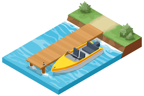 一艘黄白相间的摩托艇停靠在蓝色水域的木制码头上，背景是绿色的草地，采用等距插画风格。图片下载