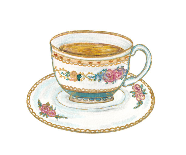 老式水彩插画，描绘了传统的俄罗斯茶具，包括茶炊、茶壶、茶杯、俄式甜甜圈和洋甘菊，铺在蓝色桌布上。温馨的民间艺术风格，色调温暖。图片下载