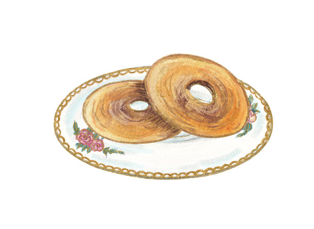 一套俄罗斯传统茶具的水彩复古插画，包含茶炊、茶壶、茶杯、俄式面包圈和洋甘菊，铺在蓝色桌布上。温暖色调的舒适民间艺术风格。图片下载