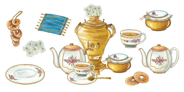 老式水彩插画，描绘了传统的俄罗斯茶具，包括茶炊、茶壶、茶杯、俄式甜甜圈和洋甘菊，背景铺着蓝色桌布。温暖色调的舒适民间艺术风格。图片下载