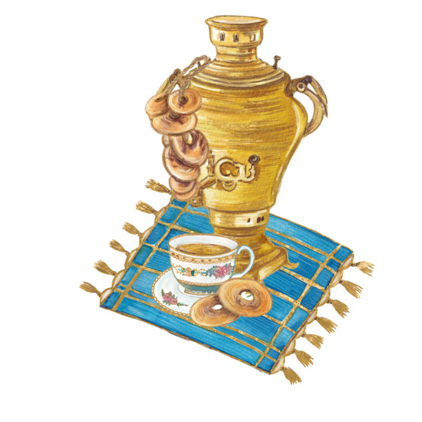 复古水彩插画，描绘了传统的俄罗斯茶具，包括茶炊、茶壶、茶杯、俄式圈饼和洋甘菊，背景为蓝色桌布。温馨的民间艺术风格，色调温暖。图片下载