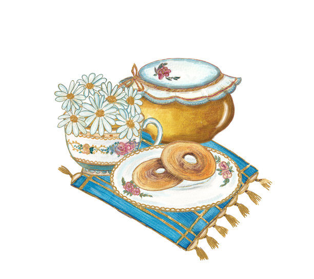 复古水彩插画，描绘了传统的俄罗斯茶具，包括茶炊、茶壶、茶杯、俄式面包圈和洋甘菊，铺在蓝色的桌布上。温暖色调的舒适民间艺术风格。图片下载