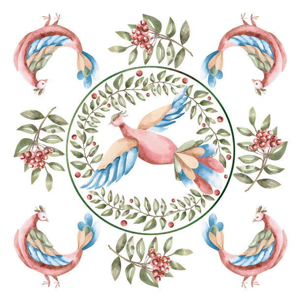 童话风格的鸟儿和罗文枝的方形构图。一张独立的民间风格水彩插画，适用于室内设计、家居纺织品、围巾、服装和枕头。图片下载