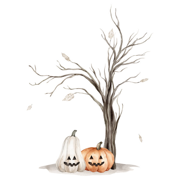 水彩插画，无叶树的剪影和带脸的南瓜，孤立在白色背景上。棕色干枯的直树枝或万圣节的树，带有秋叶和灰色泥土。图片下载