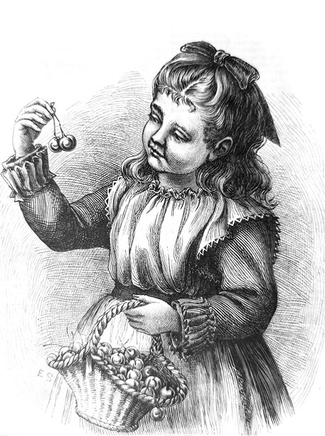 19世纪维多利亚风格肖像画：女孩在白色背景前检查她采摘的樱桃 – 矢量插画图片下载