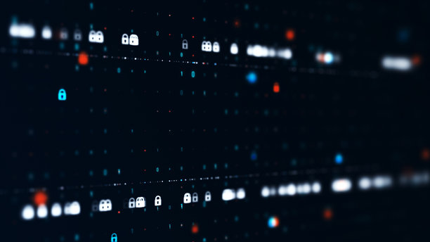 数字数据保护安全图标，二进制代码波形，蓝色背景，4K图库照片图片下载