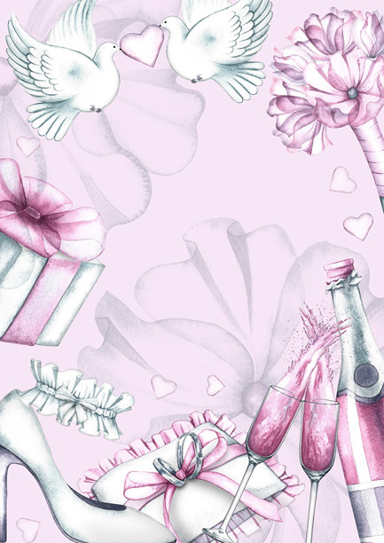 粉白色鲜花、婚戒、香槟和新娘拖鞋的婚礼相框。手工水彩插画。用于贺卡、请柬、横幅、传单和海报。图片下载