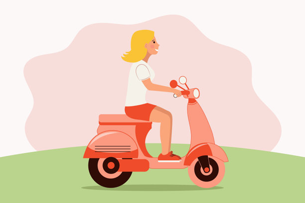 微笑的金发女郎骑着摩托车，踏板车，摩托车，交通工具，人物，复古风格图片下载