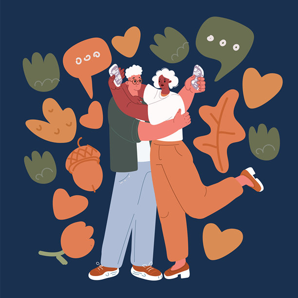 男人和女人互相拥抱，但各自都在看手机的卡通矢量插画，突显了科技对现代人际关系的影响图片下载