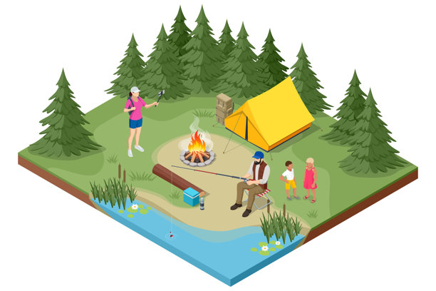 一家人在森林里围着篝火，帐篷旁度过宁静的夏日时光。户外休闲野营，森林露营地，徒步旅游。男子在河边钓鱼。图片下载