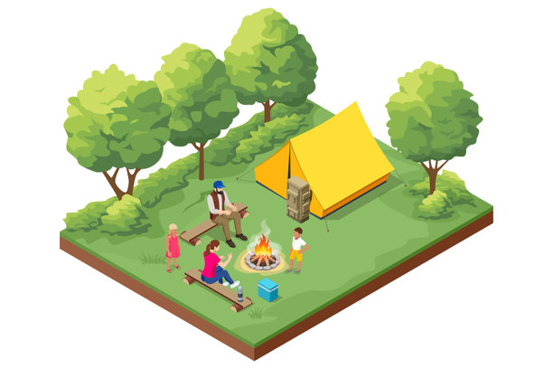 一家人等距地在森林里靠近篝火和帐篷，享受夏日悠闲时光。宁静的户外自然休闲活动。森林营地。徒步旅游。夏季度假。图片下载