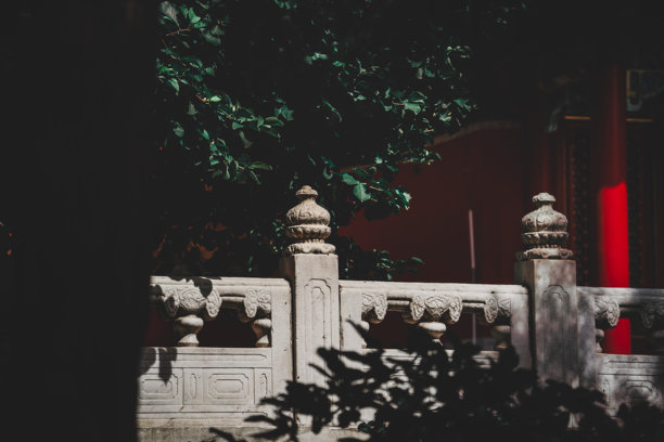 北京故宫的宁静景观。石栏上的植物围绕着沐浴在阳光下的红墙。光影交错。这张图片体现了经典的建筑风格。图片下载