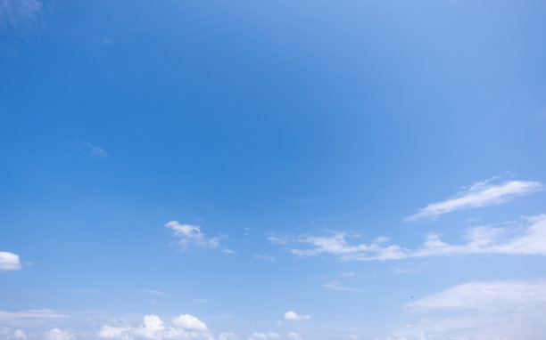 全景视图，展示晴朗的蓝天白云。蓝天背景点缀着细小的云朵。洁白蓬松的云彩飘浮在湛蓝的天空中。迷人的天空与云彩景象，引人入胜的素材照片。图片下载