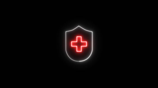 黑色背景上的医疗十字标志。霓虹急救插画。医疗、健康和药房标志。图片下载