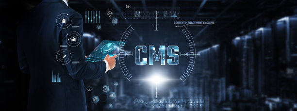 商务人士在数字屏幕上控制和监控CMS（内容管理系统）技术系统。网站管理、内容创作、SEO、数字营销、用户界面。图片下载