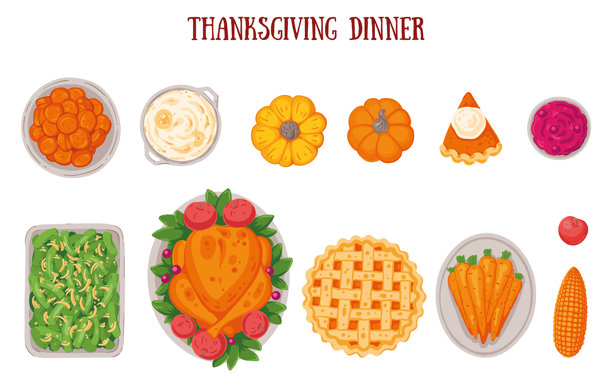 感恩节家庭聚餐。手绘扁平风格。感恩节食物集锦。俯视矢量图。节日晚餐，有火鸡、土豆、苹果派、蔬菜和水果。秋季美食。图片下载