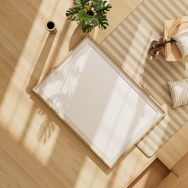 斯堪的纳维亚风格室内设计，配有样机海报框和复古小提琴。3D插画图片下载