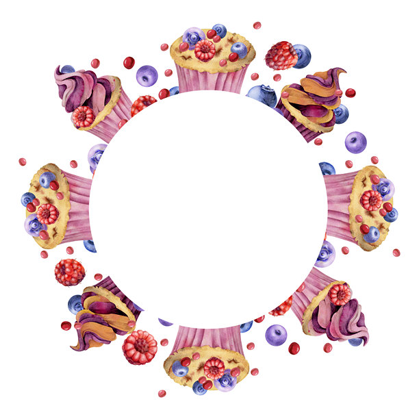 浆果纸杯蛋糕，慕斯顶马芬，覆盆子蓝莓漩涡，糖珠糖衣。柔和的水彩风格。手绘隔离花环插画。卡片边框，法式点心标签设计图片下载