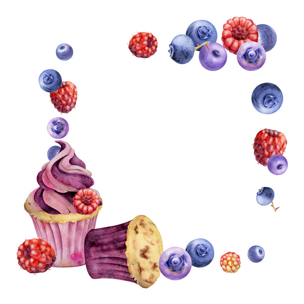 水彩杯子蛋糕，点缀着散落的混合浆果，成熟的蓝莓覆盆子旋涡。手绘孤边插画。菜单边框艺术，甜点烹饪课程，烘焙主题邀请函。图片下载