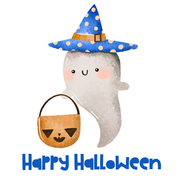 卡通鬼魂的蓝色万圣节卡片。儿童万圣节插画。万圣节快乐系列手绘孤立插画。图片下载