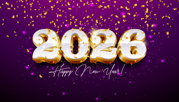 2026新年贺卡插画，金色3D数字和飘落的纸屑，背景为深色。圣诞节日庆典设计，带有文字排印，适用于日历、传单、横幅、海报或派对邀请函。图片下载