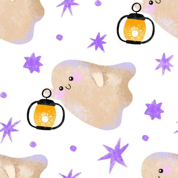 滑稽的卡通幽灵无缝图案。发光的灵魂。手绘万圣节快乐插画，孤立的背景。秋季节日。魔法女巫。图片下载