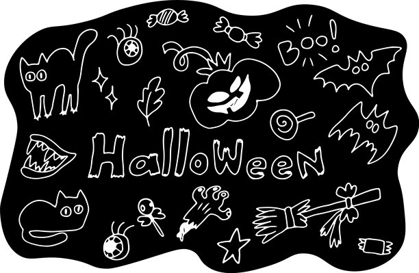 万圣节图标形状集。可爱的猫、南瓜、手、扫帚、眼睛、糖果。采用白色曲线以粗糙风格绘制。黑色背景。秋季节日贴纸。非常适合贺卡、派对邀请函、海报。矢量潮流插画图片下载