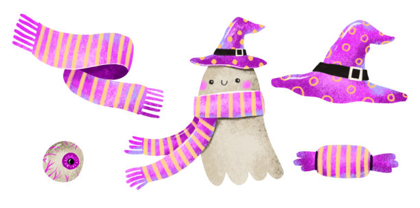 有趣的卡通幽灵围着围巾。万圣节系列，包含糖果、灯笼、眼睛、杯子、帽子。万圣节快乐贺卡。手绘水彩插画，孤立背景。粉色集合。图片下载