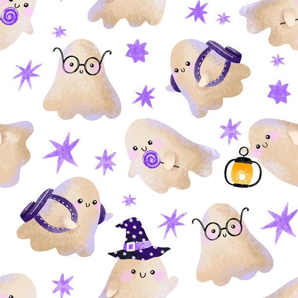 有趣的卡通无缝图案，包含鬼魂、糖果棒棒糖、灯光、眼镜和巫师帽。手绘的万圣节快乐插画，孤立在背景上。秋季假期。魔法。图片下载
